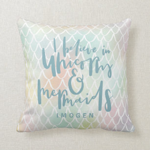 COUSSIN JE CROIS EN UNICORNES ET MERMAIDS SEA BLUE