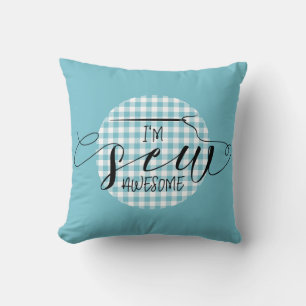Coussin Je suis Sew Awesome Blue En vichy