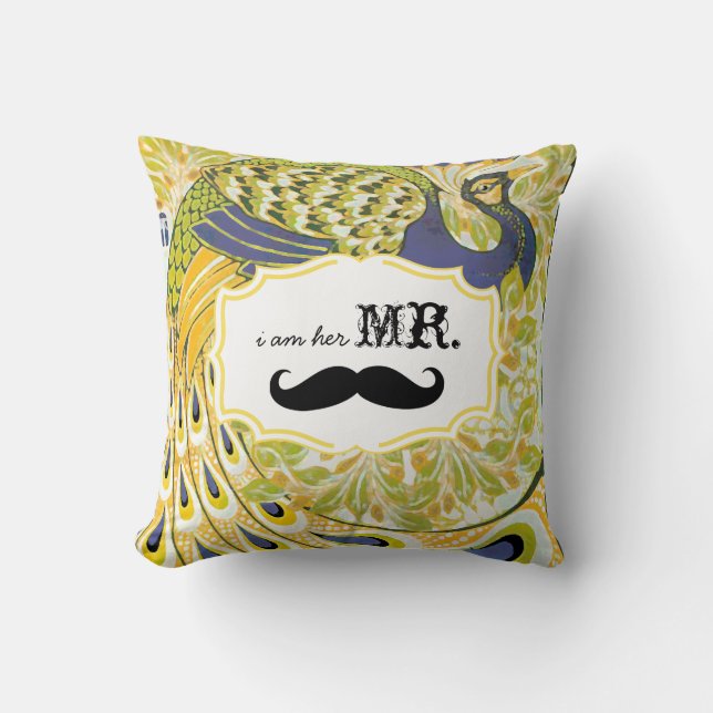 Coussin Je suis son Monsieur Paon à Moustache Violette Jau (Recto)