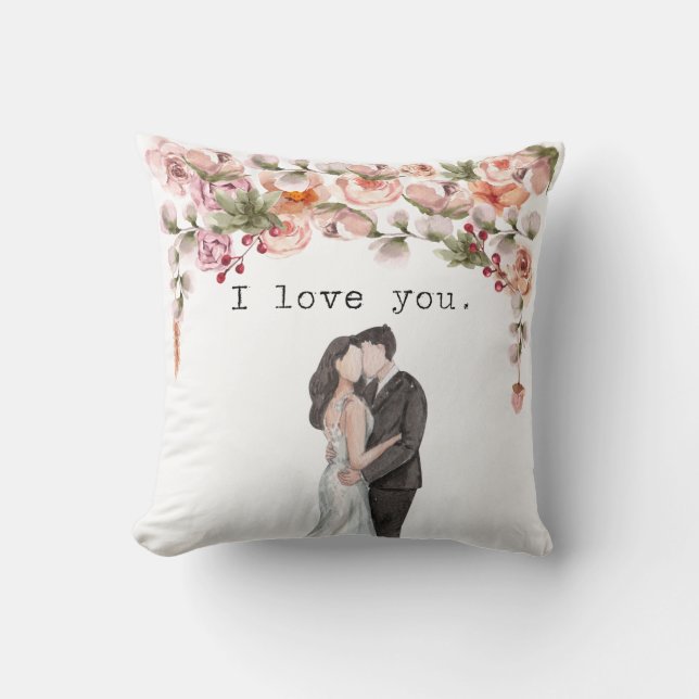 Coussin Je t'aime Aquarelle florale mariage cadeau Nouveau (Recto)