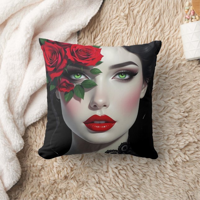 Coussin Je t'aime | Belle femme avec rose rouge (Couverture)