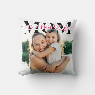 Coussin Je t'aime maman Typography Photo coeurs roses