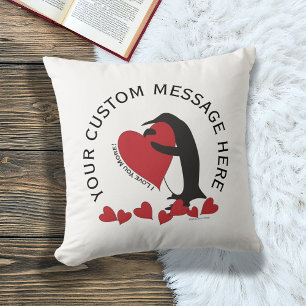 Coussin Je t'aime plus ! Pingouin et cœur rouge