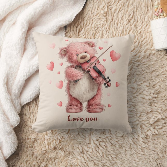 Coussin Je t'aime Teddy au violon (Couverture)