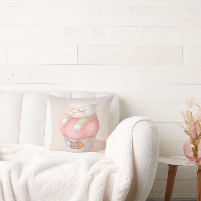 Coussin Je T'Manque : Art de Cupcake de Chat Endormi Migno (Canapé)