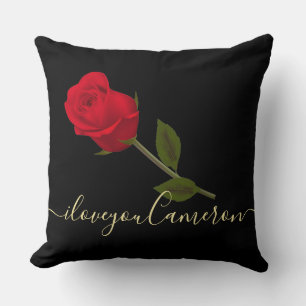 Coussin Je vous aime Rose Rouge sur Noir et Or Monogramme