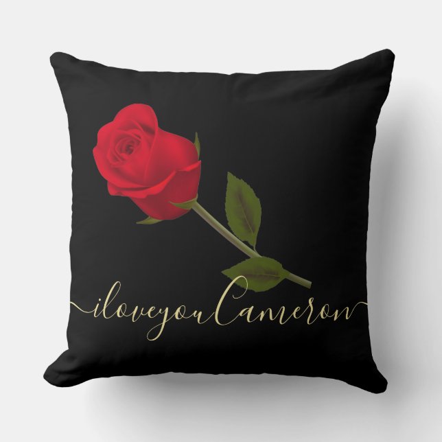 Coussin Je vous aime Rose Rouge sur Noir et Or Monogramme  (Recto)