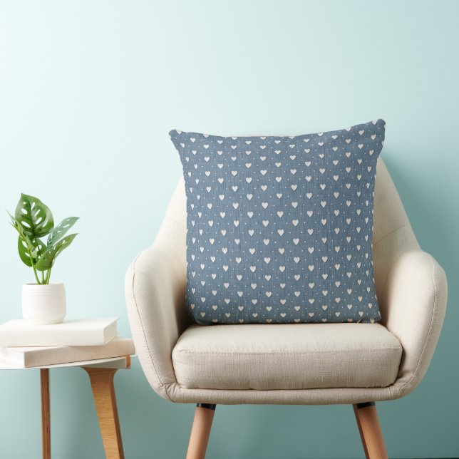 Coussin Jean Bleu Denim et Cœurs Blancs (Chaise)