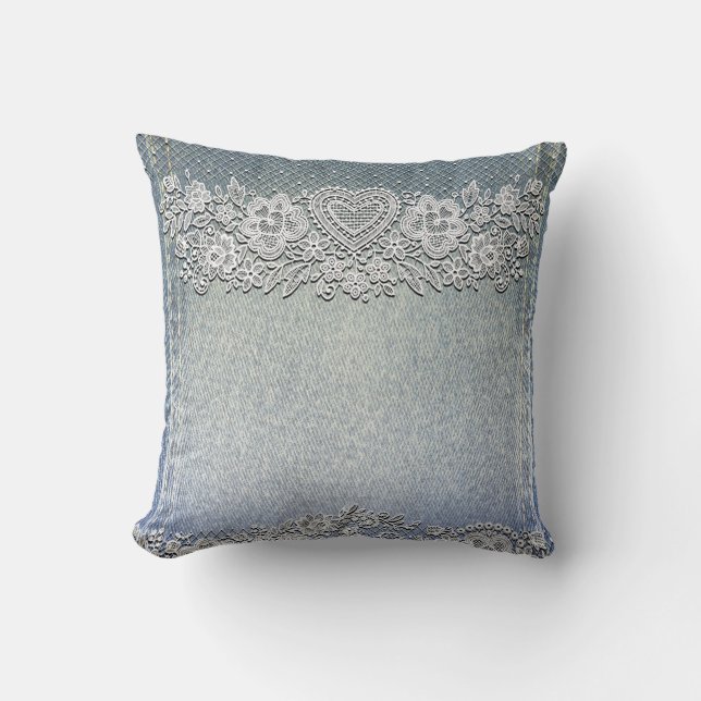 Coussin Jean Bleu en Denim & Dentelle Blanche en Forme de  (Recto)