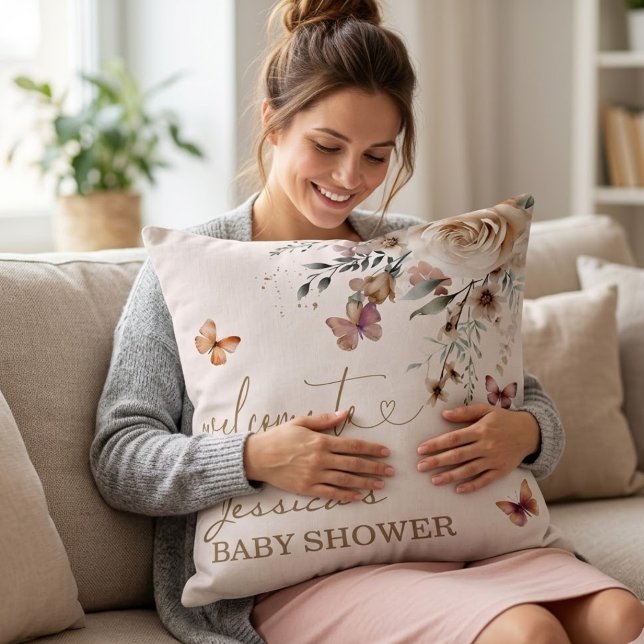 Coussin Jessica's Baby Shower Welcome Butterfly Floral (Créateur téléchargé)