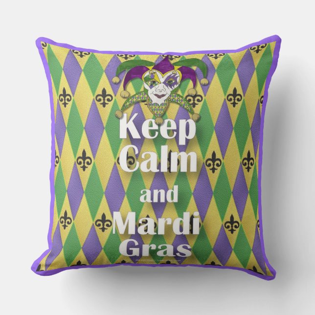 Coussin Jester Mask Keep Calm and Mardi Gras (Recto)