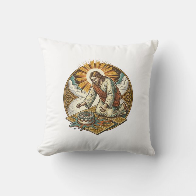 Coussin Jésus a laissé tomber le gâteau d'anniversaire fac (Recto)