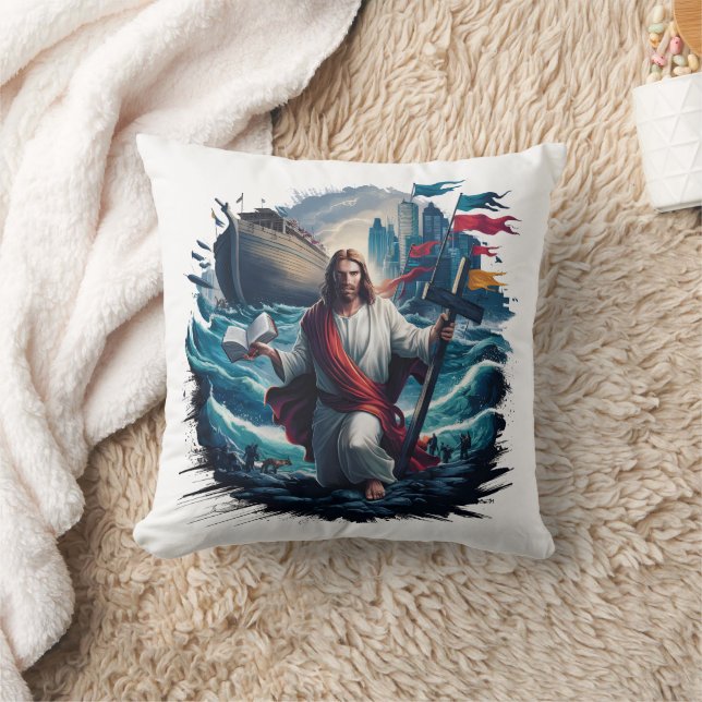 Coussin Jésus apaisant la tempête près d'un grand navire (Couverture)