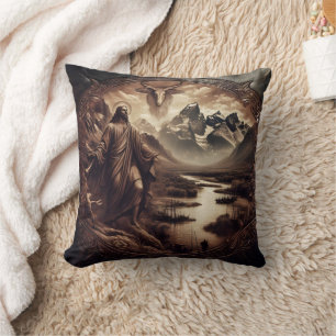 Coussin Jésus au milieu des montagnes et de la rivière dan