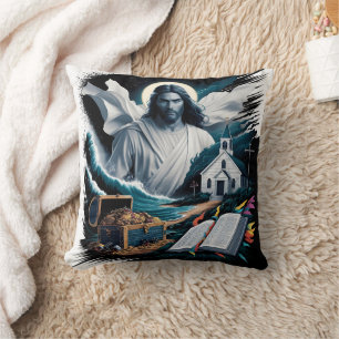 Coussin Jésus au milieu des vagues et du trésor près d'une