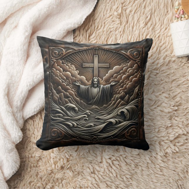 Coussin Jésus Aux Bras Étendus Au Milieu Des Vagues Tempér (Couverture)