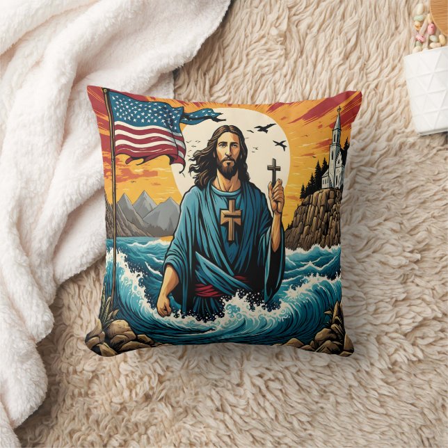 Coussin Jésus avec croix au coucher du soleil vagues/monta (Couverture)