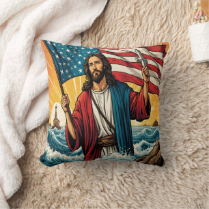 Coussin Jésus avec drapeau américain par mer couché de sol