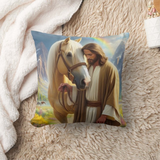 Coussin Jésus avec Palomino Horse dans le paysage Pittores (Couverture)