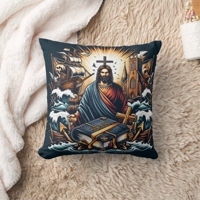 Coussin Jésus avec un livre sacré dans les mers orageuses (Couverture)