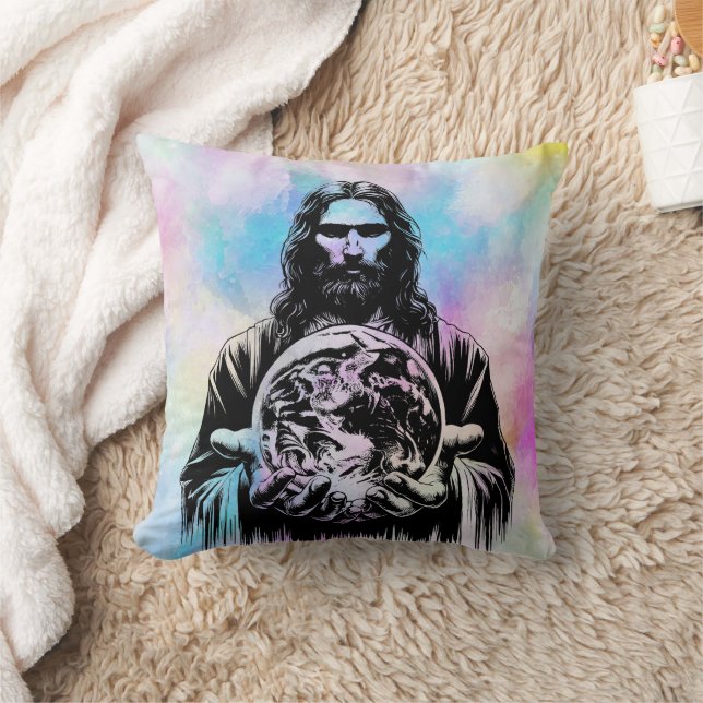 Coussin Jésus Christ Holding Le monde Art illustration (Couverture)