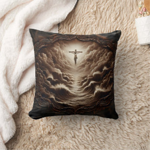 Coussin Jésus Crucifixion sur les vagues de l'océan orageu