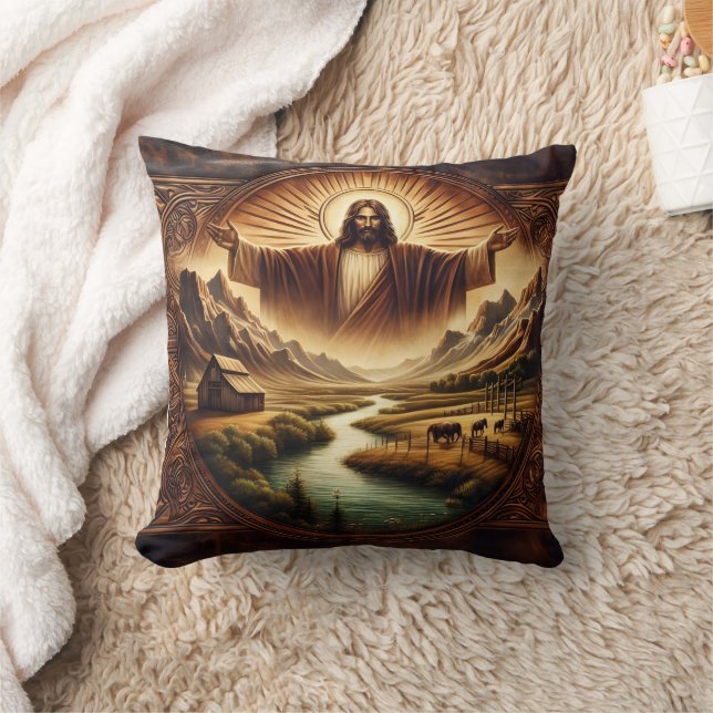 Coussin Jésus dans le paysage majestueux au lever du solei (Couverture)