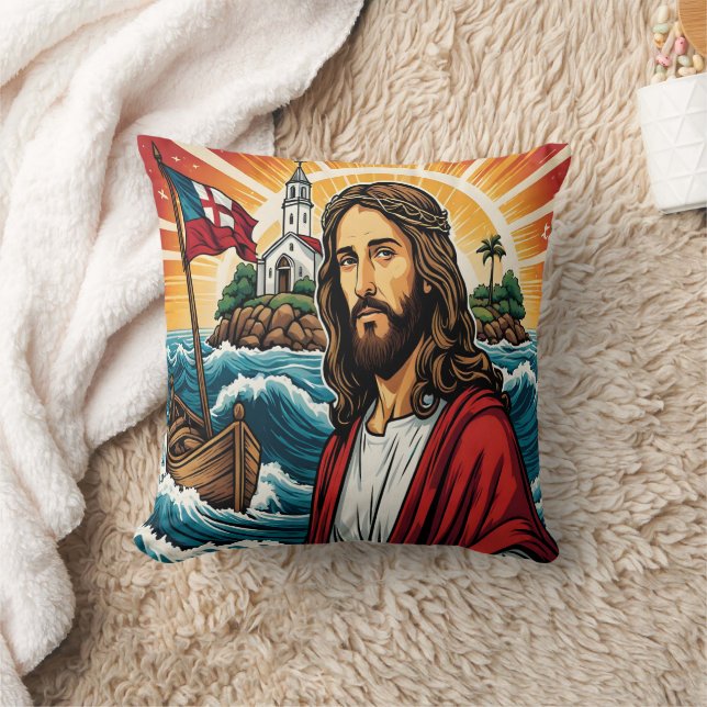 Coussin Jésus debout au bord de la mer avec un bateau au c (Couverture)