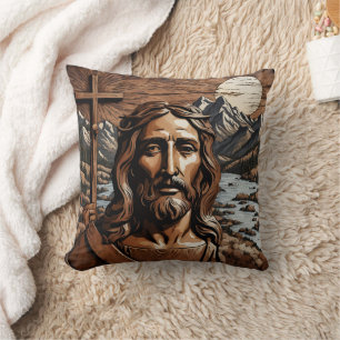 Coussin Jésus Holding Cross by Mountain River au coucher d