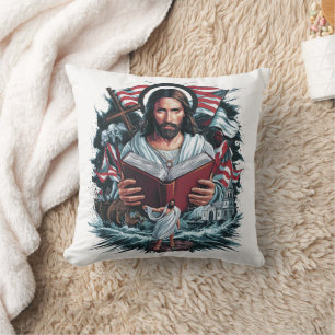 Coussin Jésus lisant au milieu des vagues et des symboles