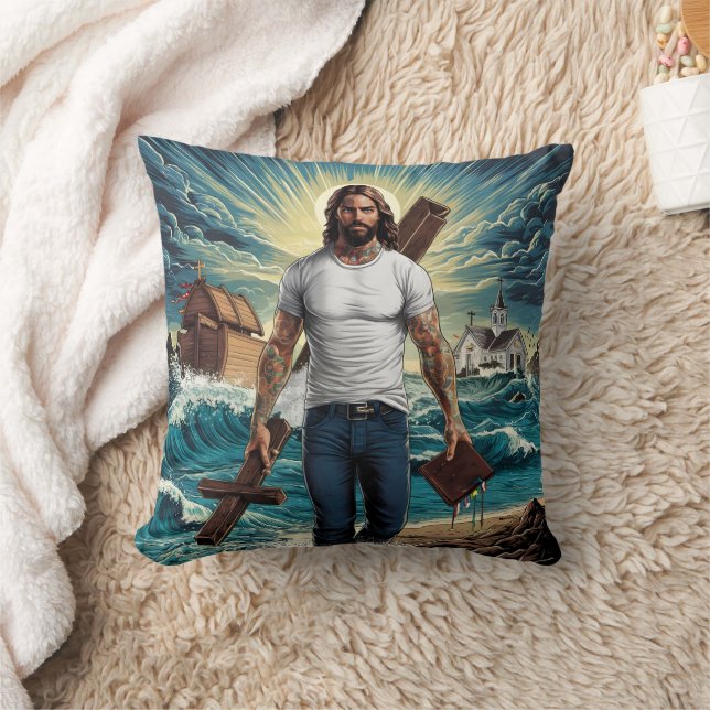 Coussin Jésus marchant sur des eaux turbulentes avec une c (Couverture)