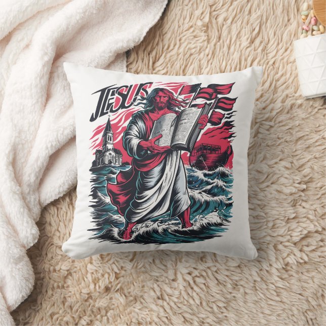 Coussin Jésus marchant sur les vagues avec une Bible au co (Couverture)