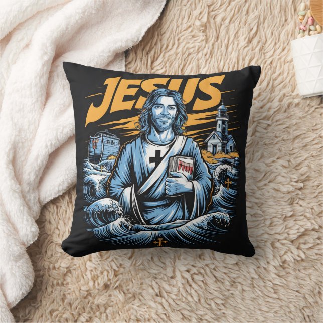 Coussin Jésus par phare aux vagues du coucher du soleil (Couverture)