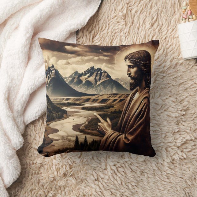 Coussin Jésus Pointeur Vers Le Paysage Montagneux Majestue (Couverture)