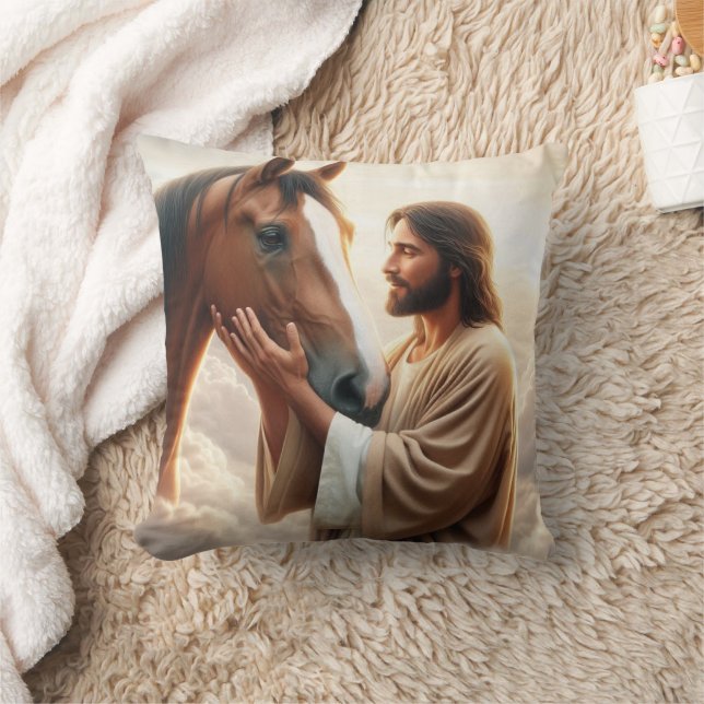 Coussin Jésus réconfortant un cheval au ciel (Couverture)