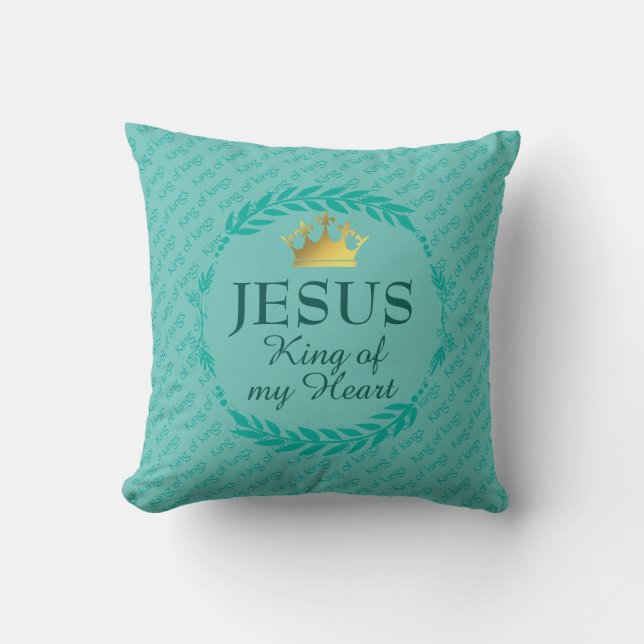 Coussin JÉSUS ROI DE MON COEUR | Christmas Crown TURQUOISE (Recto)