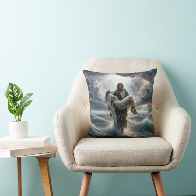 Coussin Jésus sauvant une jeune femme dans une tempête (Chaise)
