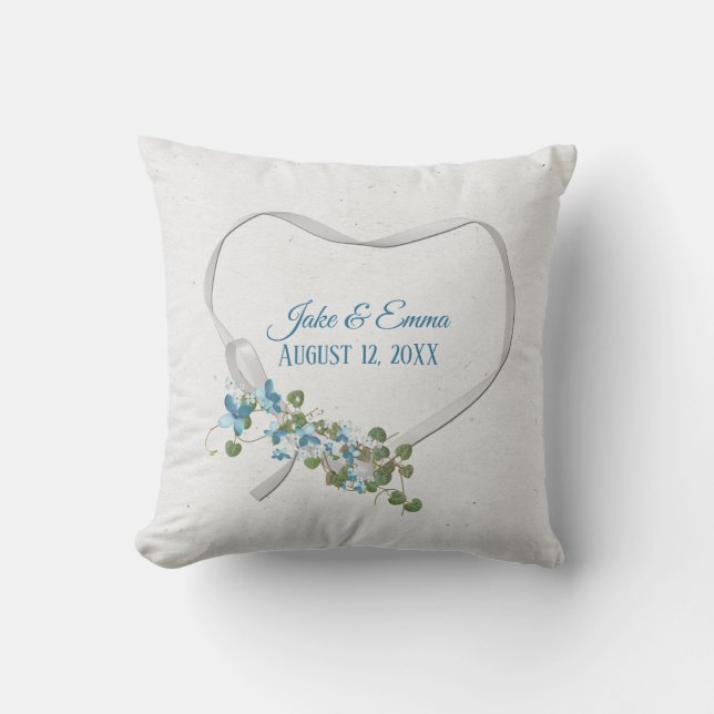 Coussin jetable Cœur Ruban Blanc avec Date de Mari (Recto)
