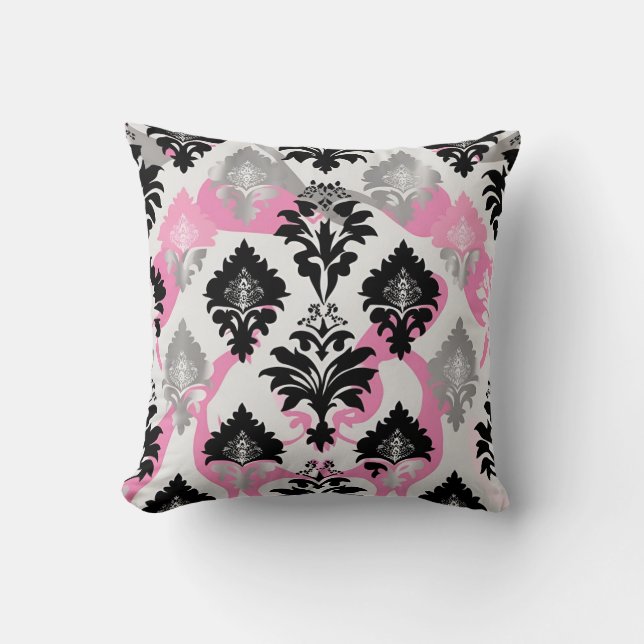 Coussin jeté à motif damassé rose noir gris (Recto)