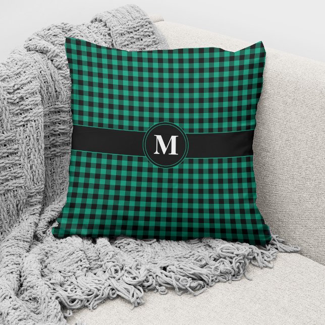 Coussin Jeté à motif gingham vert et noir avec monogramme  (Créateur téléchargé)