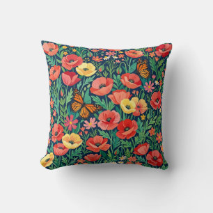 Coussin jeté abstrait coquelicots papillons