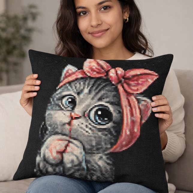 Coussin Jeté au Point de Croix avec un Petit Chato (Créateur téléchargé)