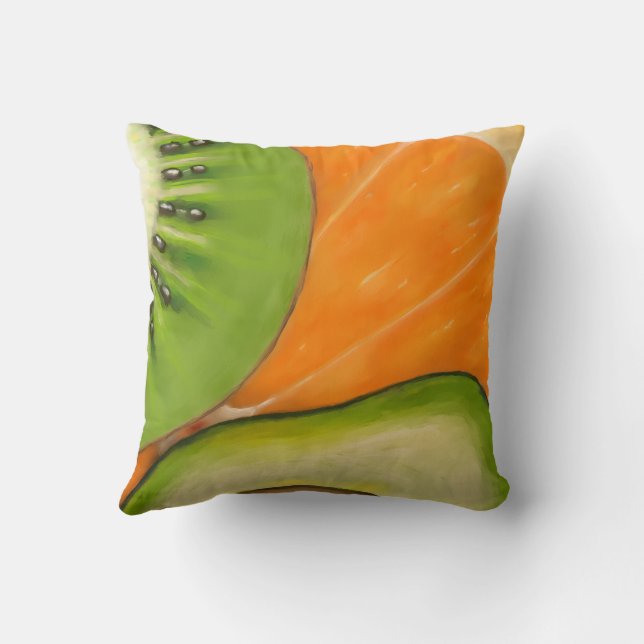 Coussin jeté avec avocat, orange et kiwi. (Verso)