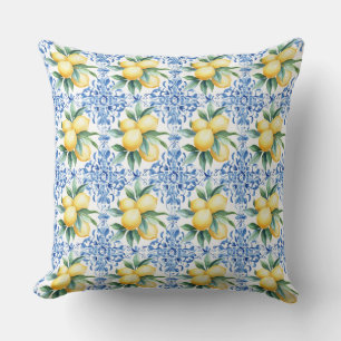 Coussin jeté bleu au citron à l'aquarelle