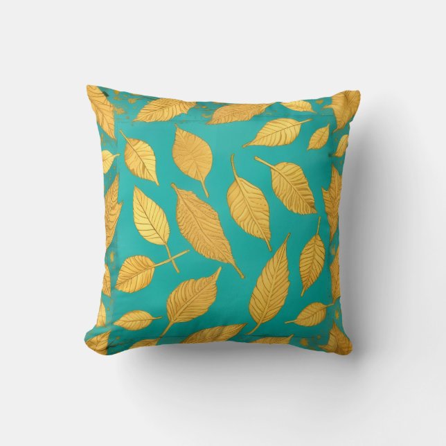 Coussin jeté bleu-vert avec feuilles dorées (Recto)