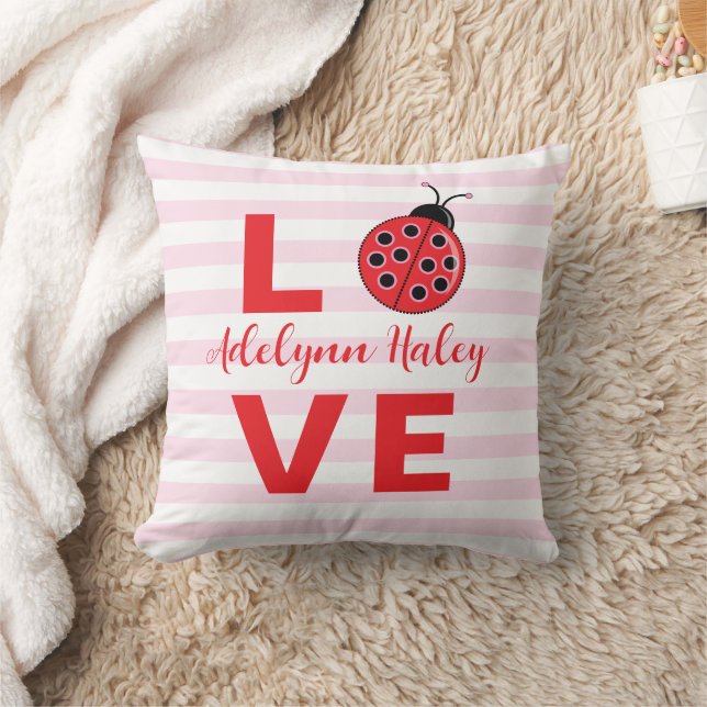 Coussin jeté coccinelle rayé rose AMOUR (Couverture)