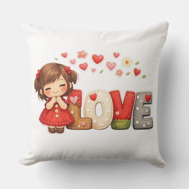Coussin jeté Cœur "AMOUR" et Fille Chibi (Recto)