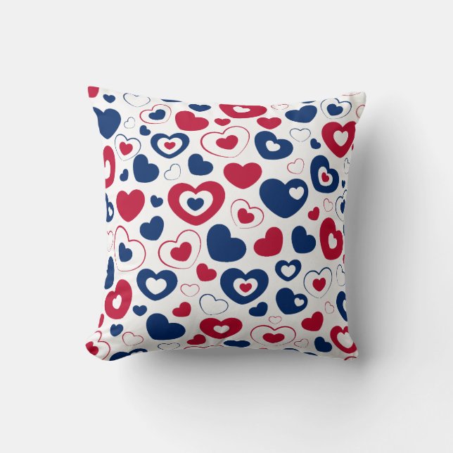 Coussin jeté coeurs rouges et bleus (Recto)
