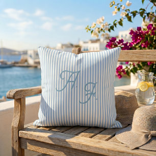 Coussin Jeté de monogramme côtier à rayures bleues et blan