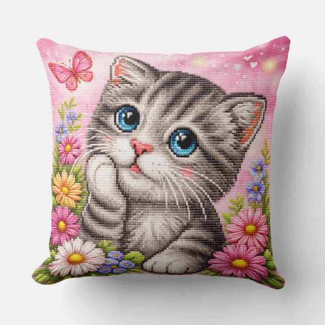 Coussin Jeté en Point de Croix Floral avec un Peti (Recto)